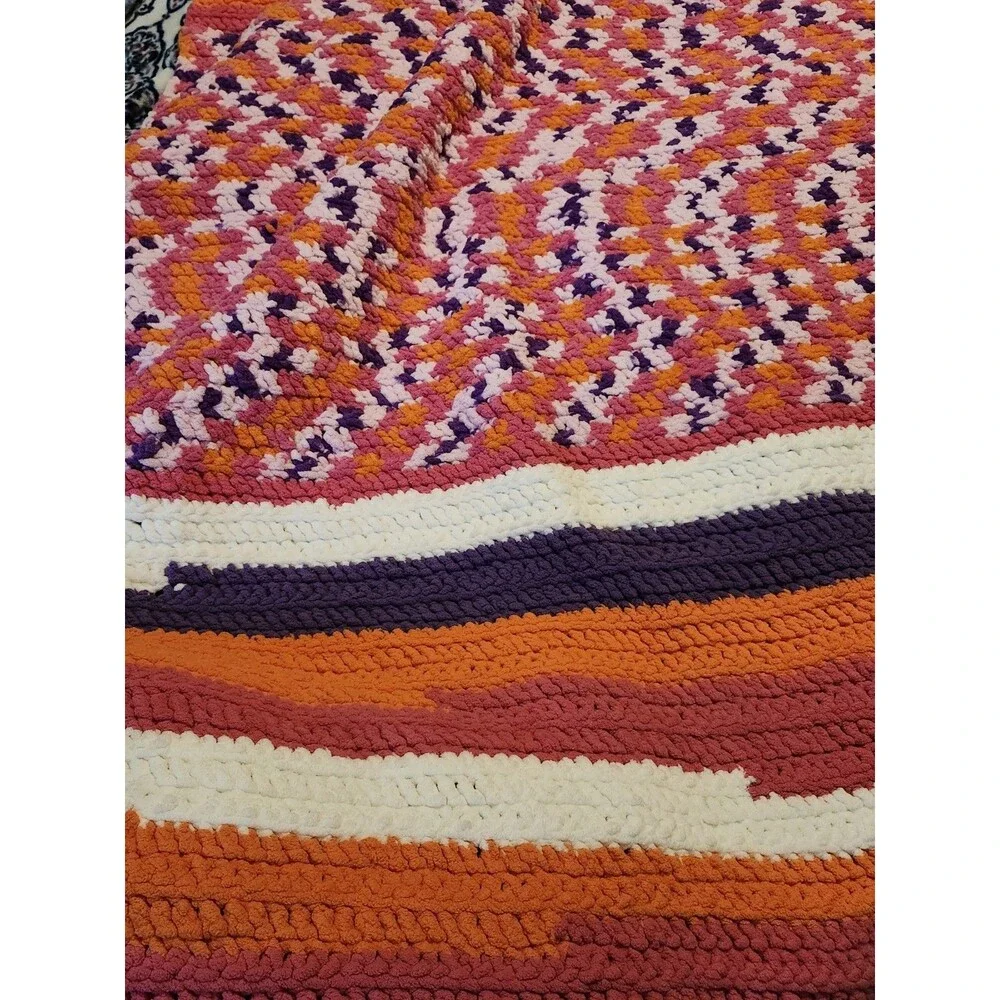 Handmade Crochet Pink Purple Crochet  Blanket  cottag retro, farmhouse, modern